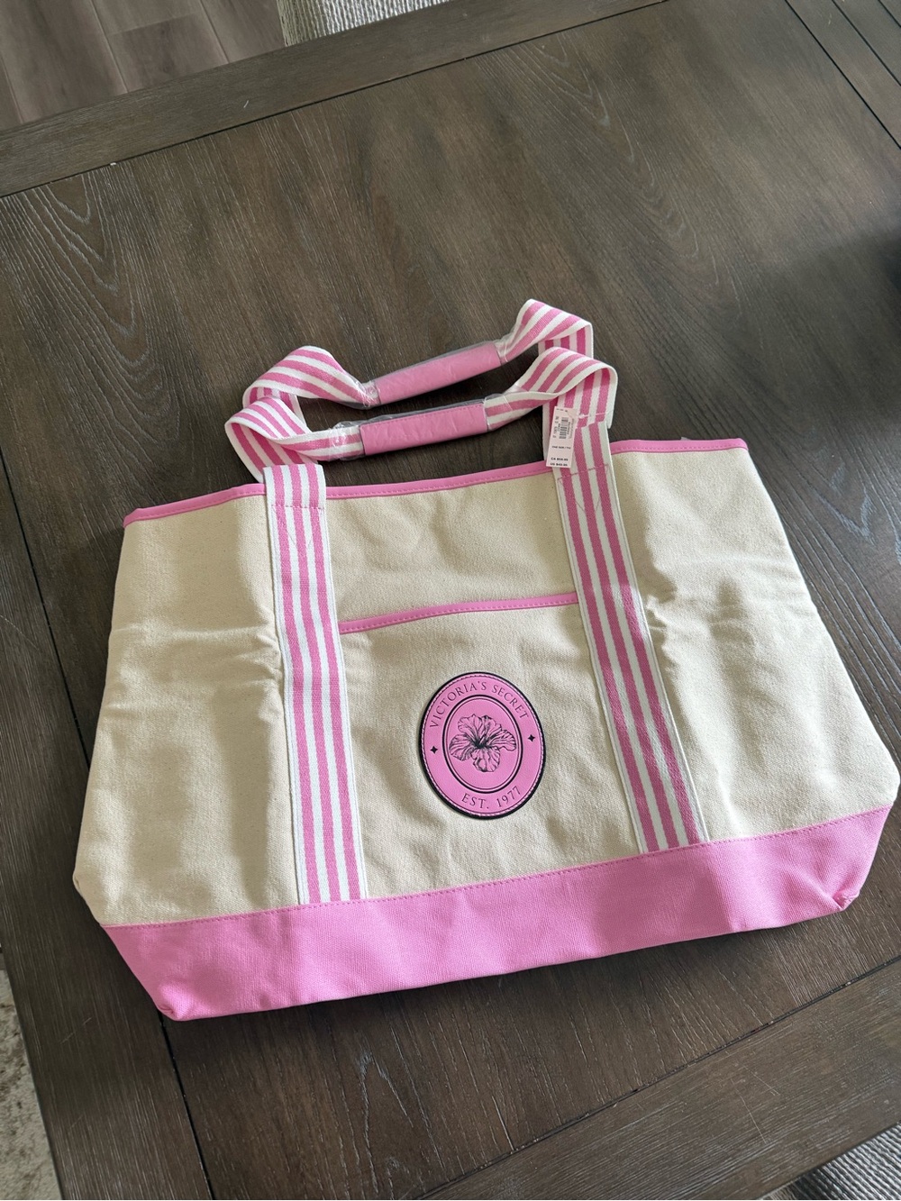 Victoria's Secret Cream Canvas Tote with Pink Trim